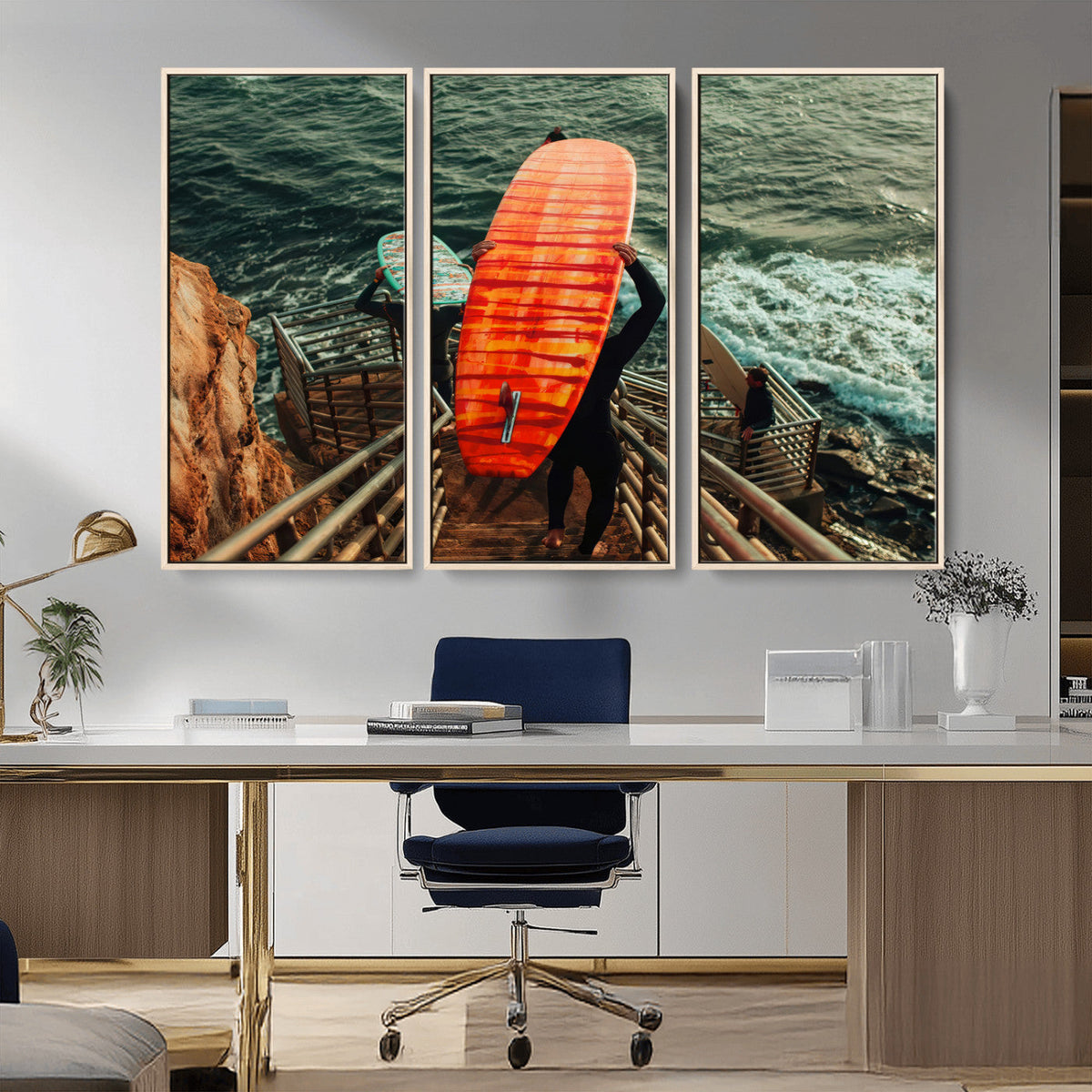 Surfer Stairway Wall Art – Framed Ocean Surf Canvas Artwork,