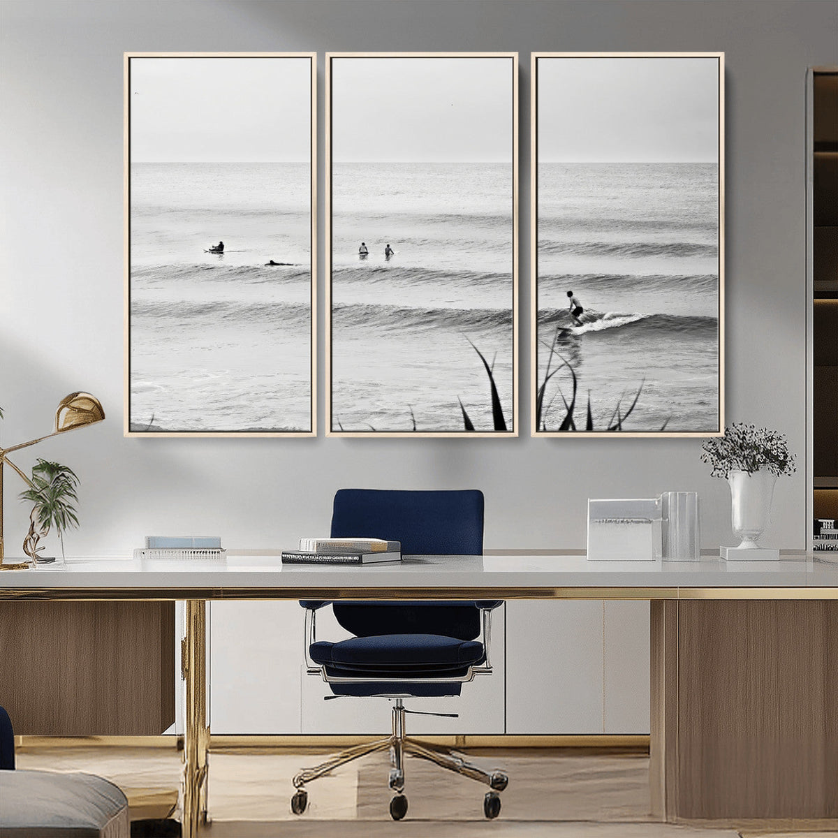 Surfer Silhouette Wall Art – Framed Calm Ocean Canvas