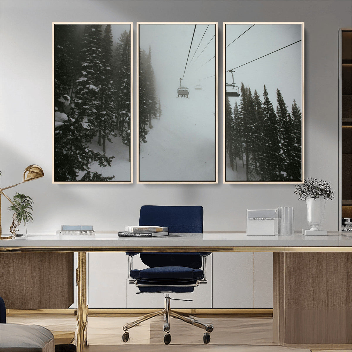 Ski Lift Wall Art Canvas Print – Snowy Pines Misty Landscape