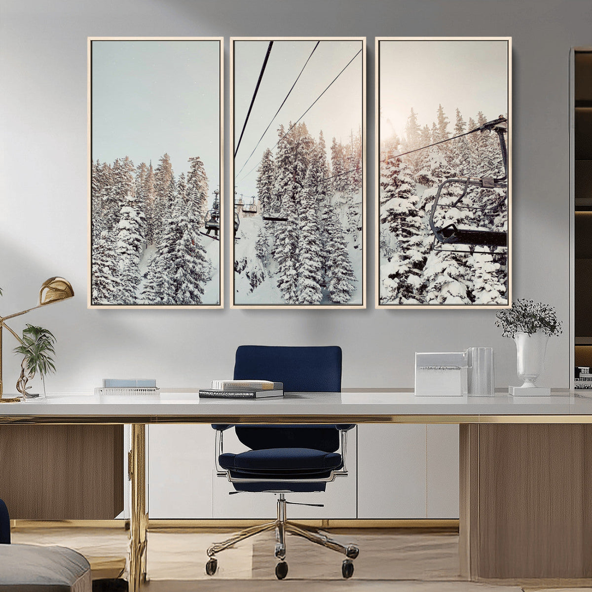 Frosty Pines Wall Art Canvas Print – Framed Cozy Cabin Ski