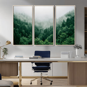 Misty Green Forest Canvas Print – Framed Serene Foggy Pine