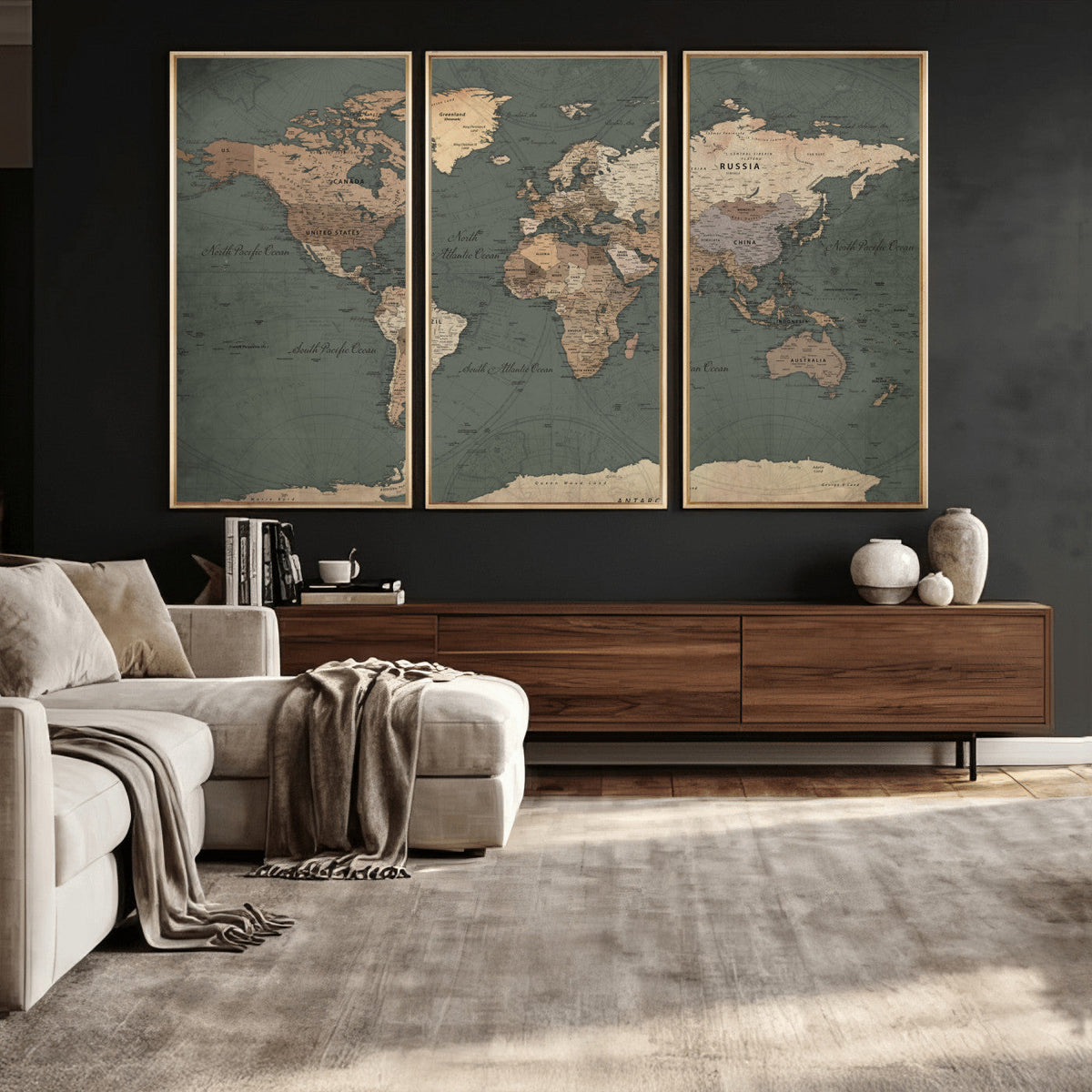 Rustic Black and Wood World Map Canvas Wall Art – Framed