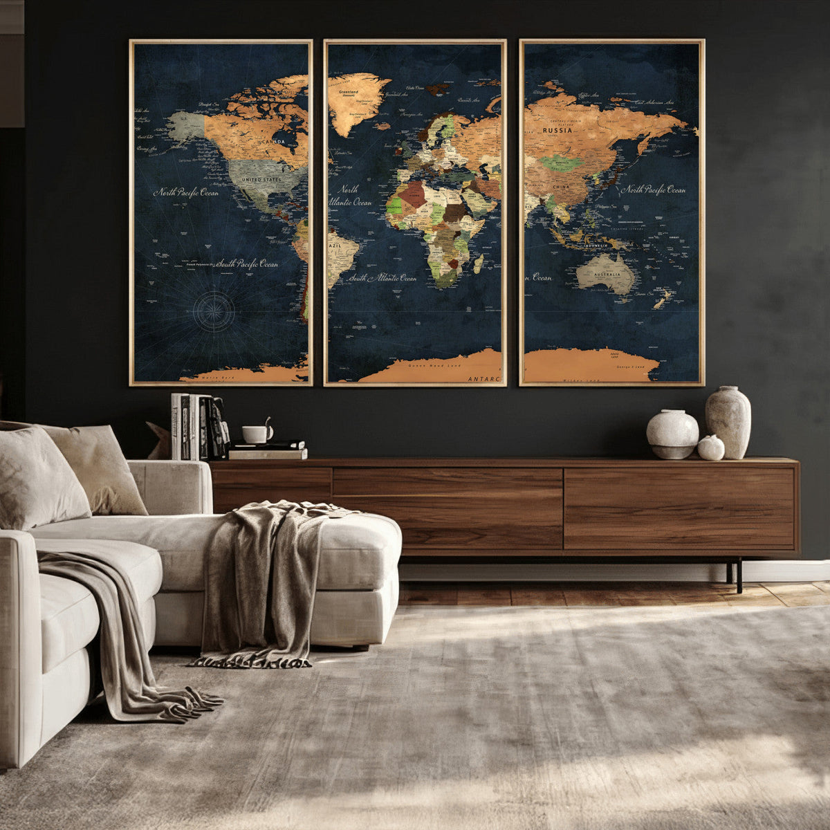 Vintage World Map Canvas Wall Art – Detailed Map with