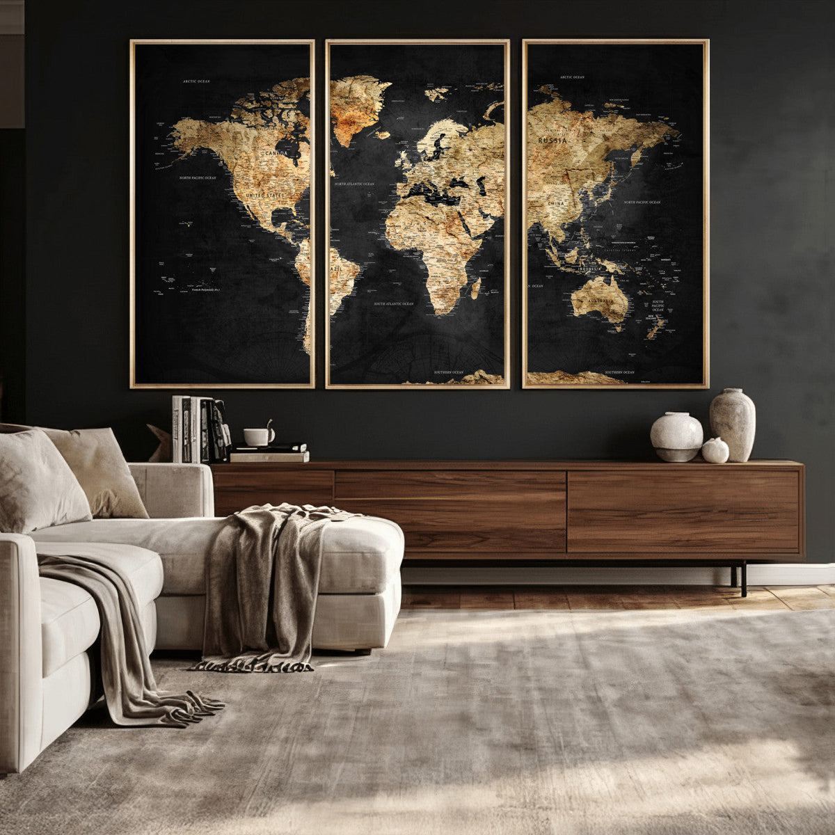 World Map Canvas Wall Art with Famous Landmarks – Framed