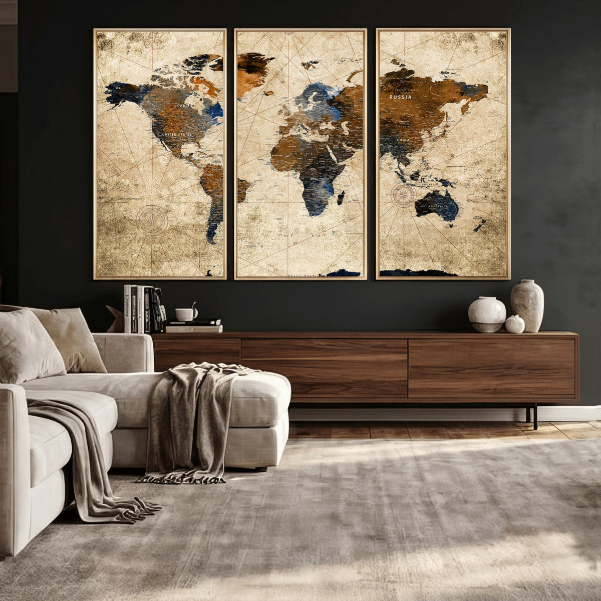 World Map Wall Art – Rustic Earth Tone Canvas Print, Antique