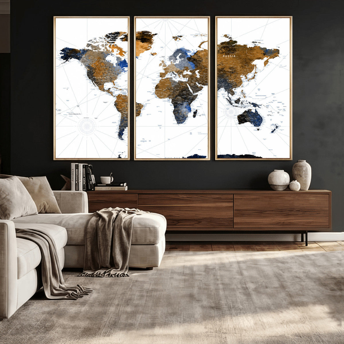 World Map Wall Art Canvas Print, Modern Decorative Framed