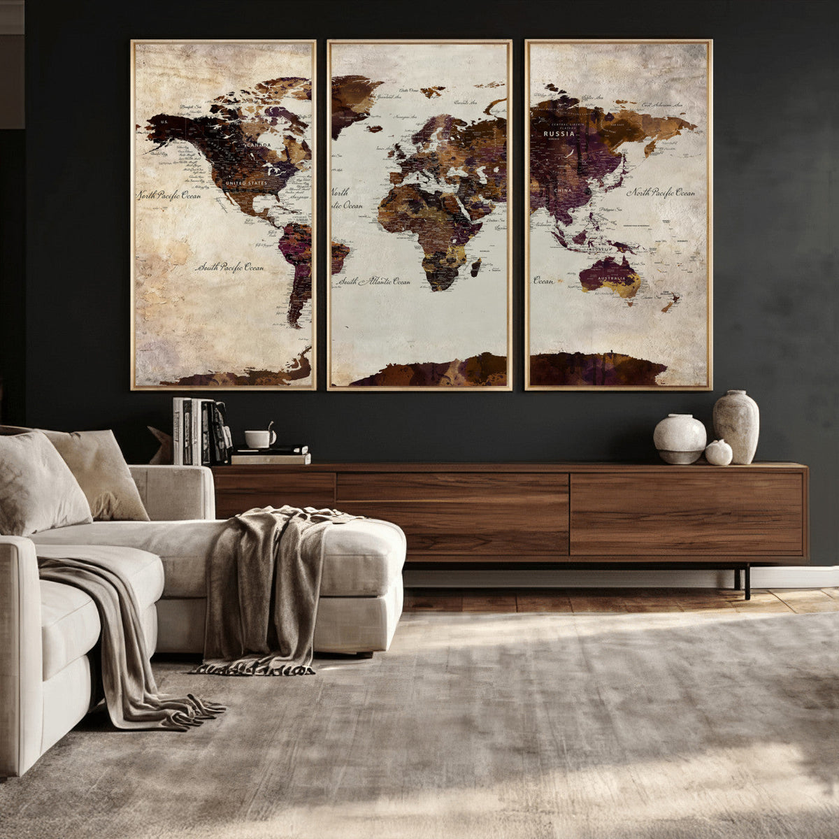 World Map Canvas Triptych – Colorful Global Wall Art for