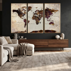 World Map Canvas Triptych – Colorful Global Wall Art for