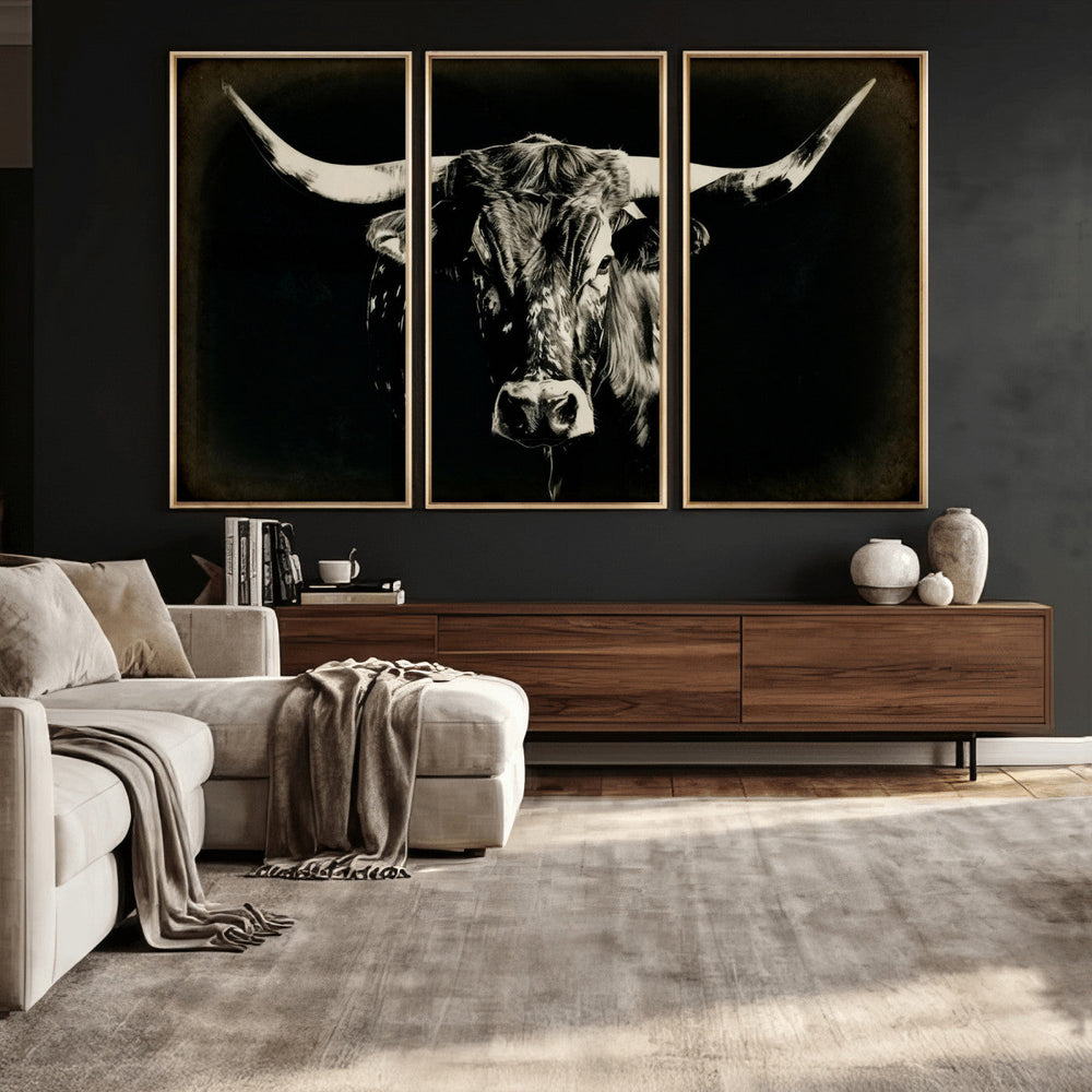 Black Bull Wall Art Canvas Print, Texas Longhorn Portrait