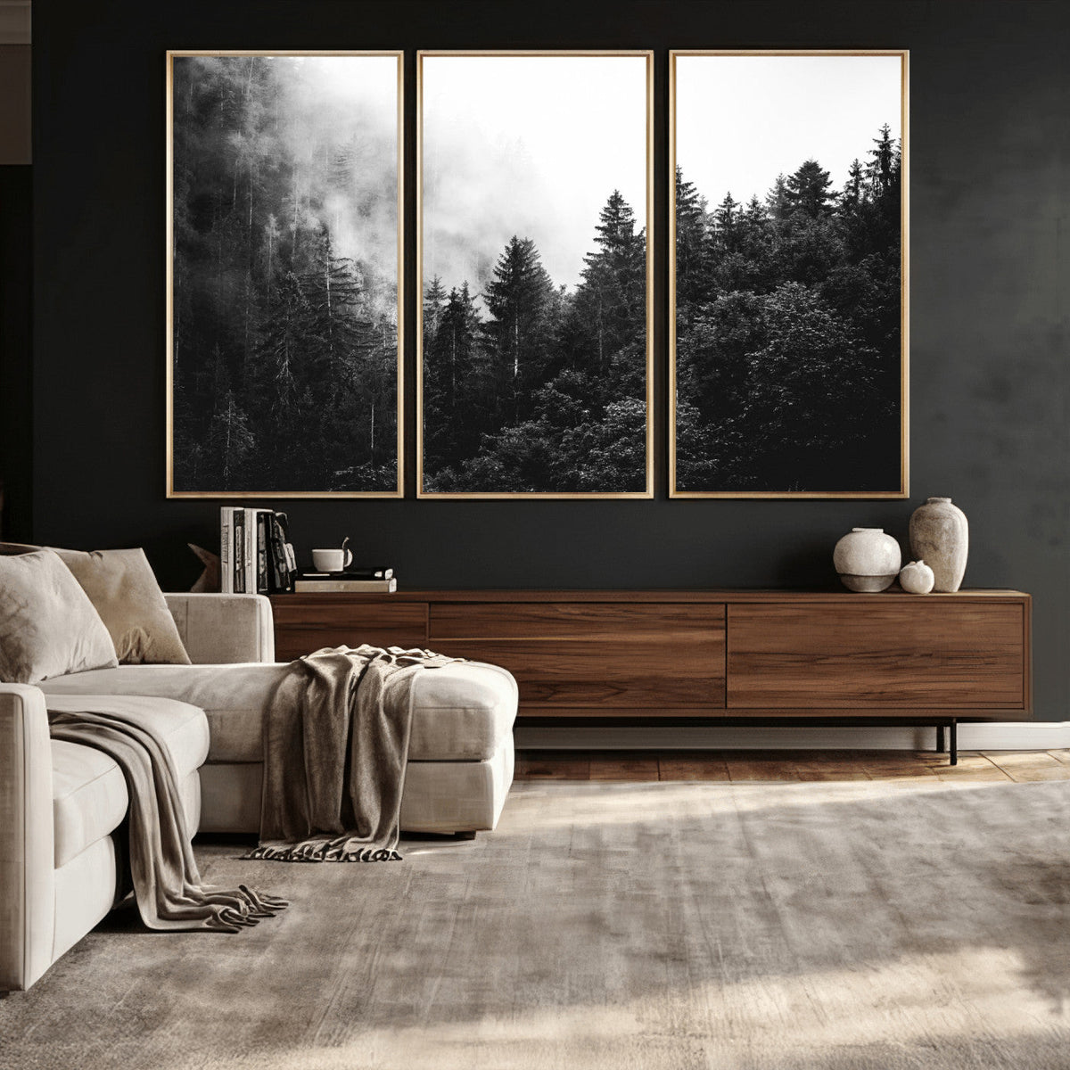 Black White Forest Wall Art Canvas Print, Misty Pine Tree