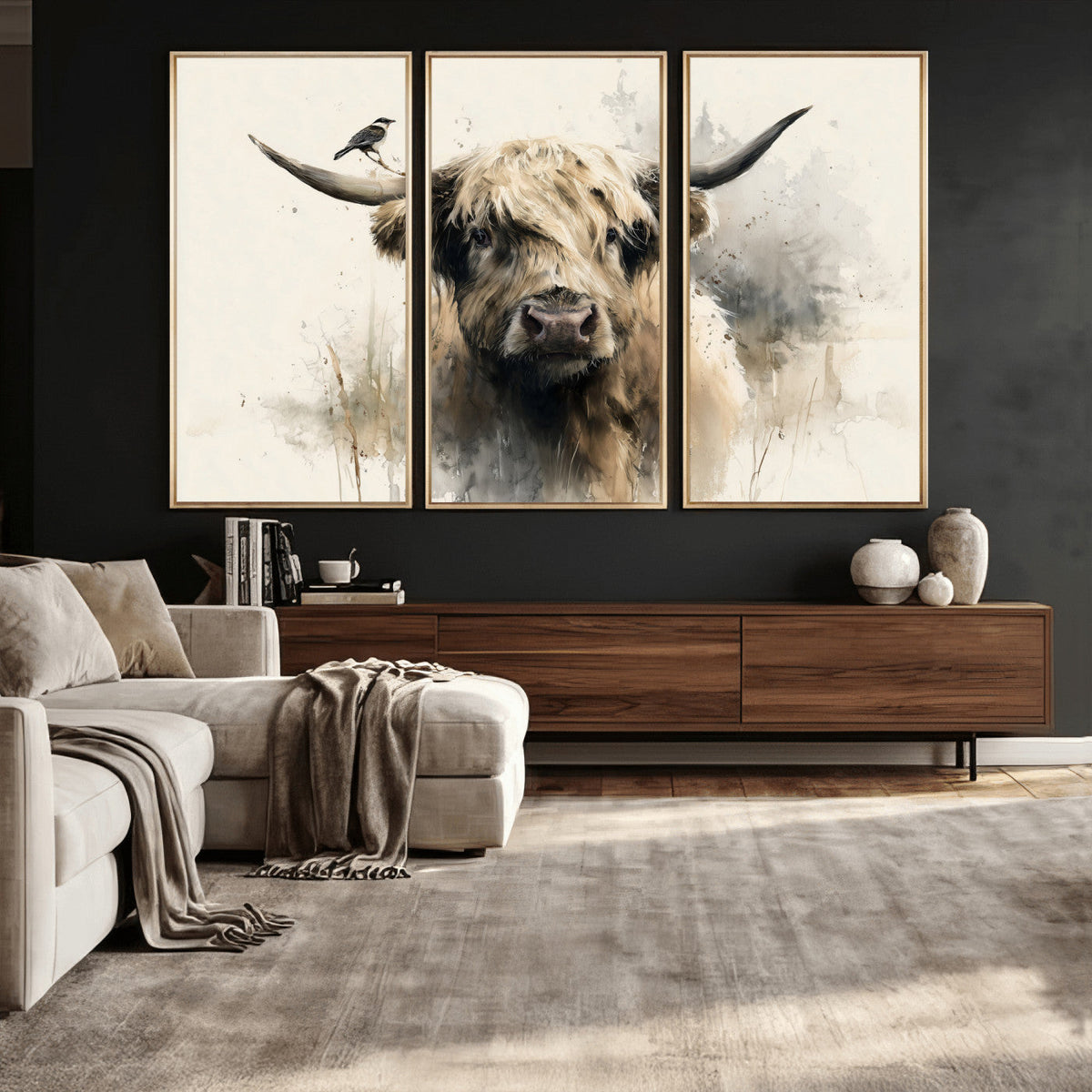 Abstract Highland Cow Wall Art Canvas Print, Rustic Farm