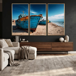 Coastal Fishing Boats Wall Art Canvas Print, Sunset Beach