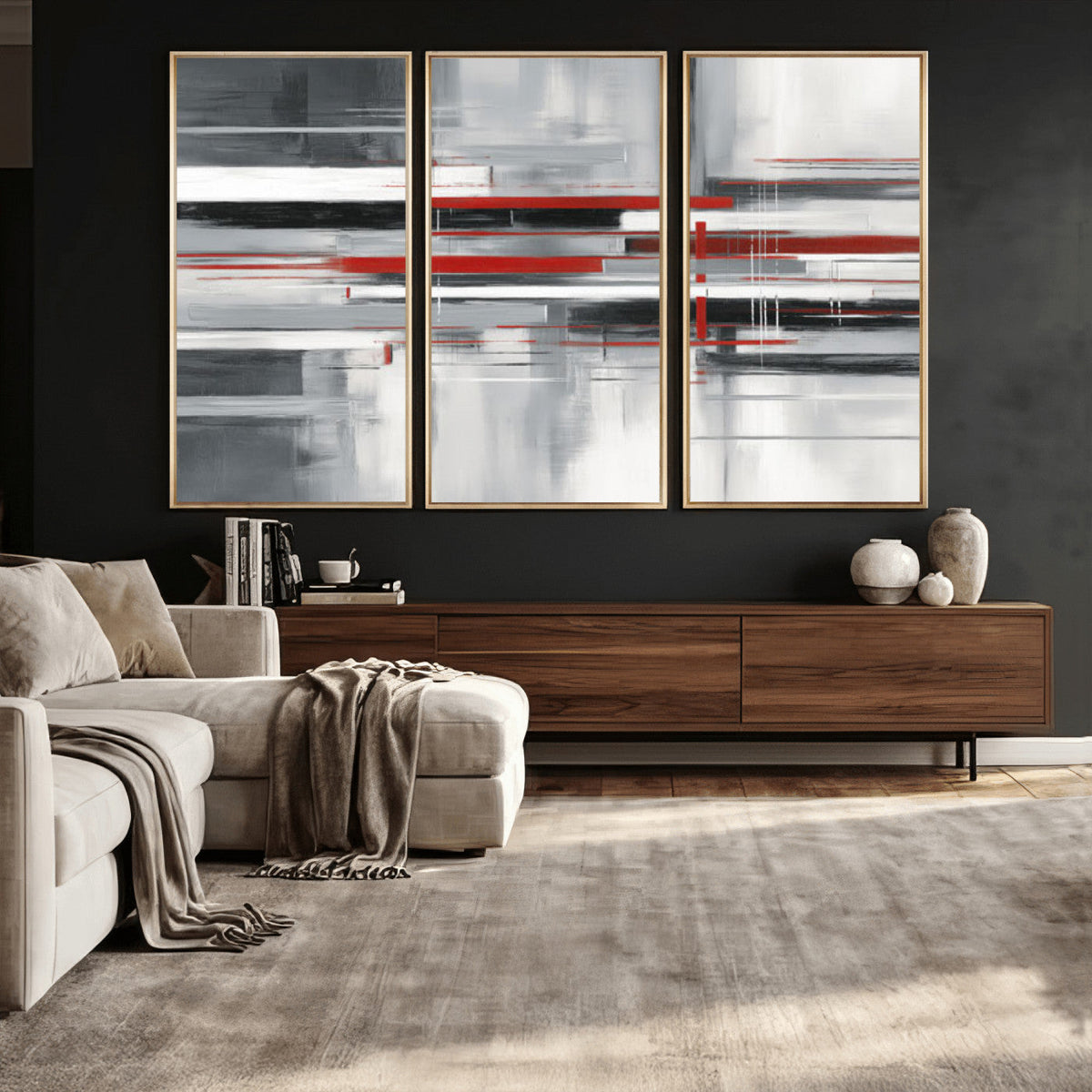 Gray Red Abstract Wall Art Canvas Print, Modern Abstract