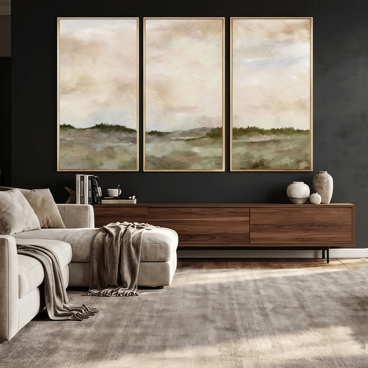 Muted Watercolor Hill Landscape Print — Beige Taupe Cloudy