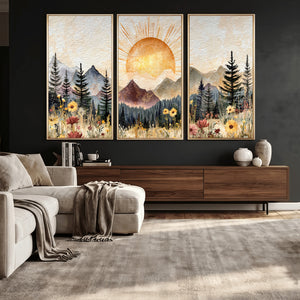 Boho Mountain Landscape Large Wall Art, Horizontal Gold