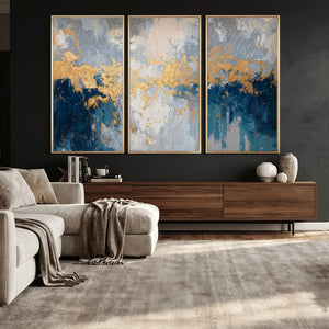 Blue Gold Abstract Large Framed Canvas Wall Art, Modern