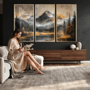 Mountain Lake Canvas Wall Art — Rustic Forest Landscape