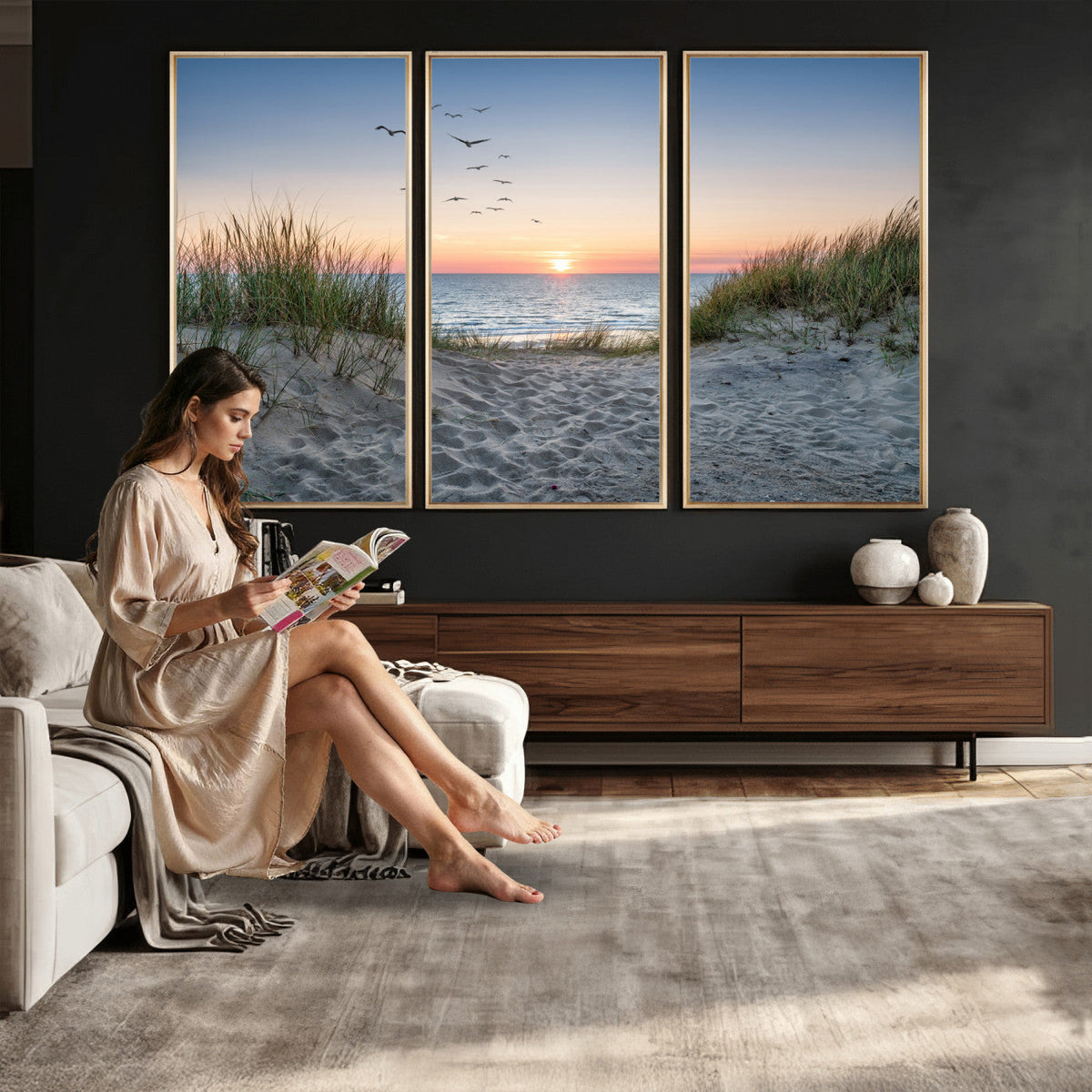 Sandy Dune Path Sunset Canvas Wall Art — Seagulls Beach