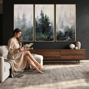 Misty Pine Forest Oil Painting Canvas — Dark Moody Teal Grey