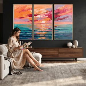 Bold Palette Knife Ocean Sunset Canvas — Orange Pink Teal