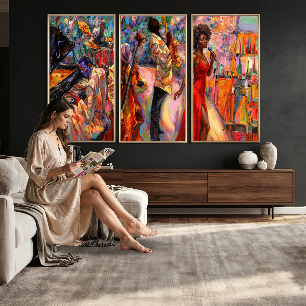 African American Jazz Singer Canvas Art — Red Dress Black