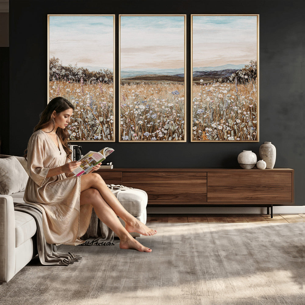 Neutral Wildflower Field Canvas Wall Art — Beige Earth Tone