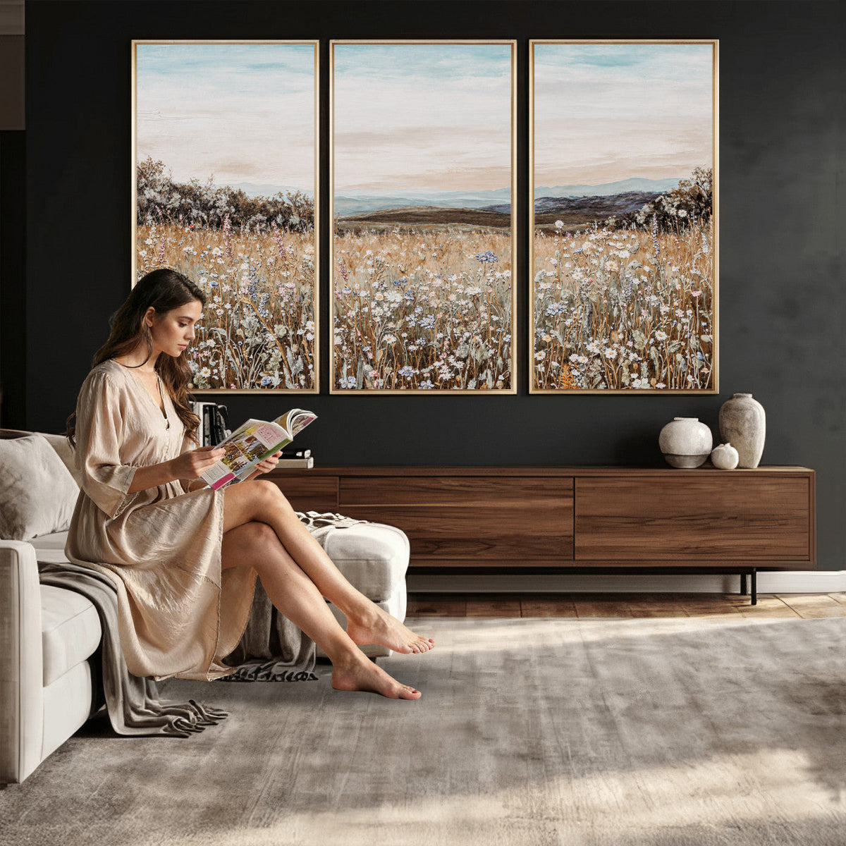 Neutral Wildflower Field Canvas Wall Art — Beige Earth Tone