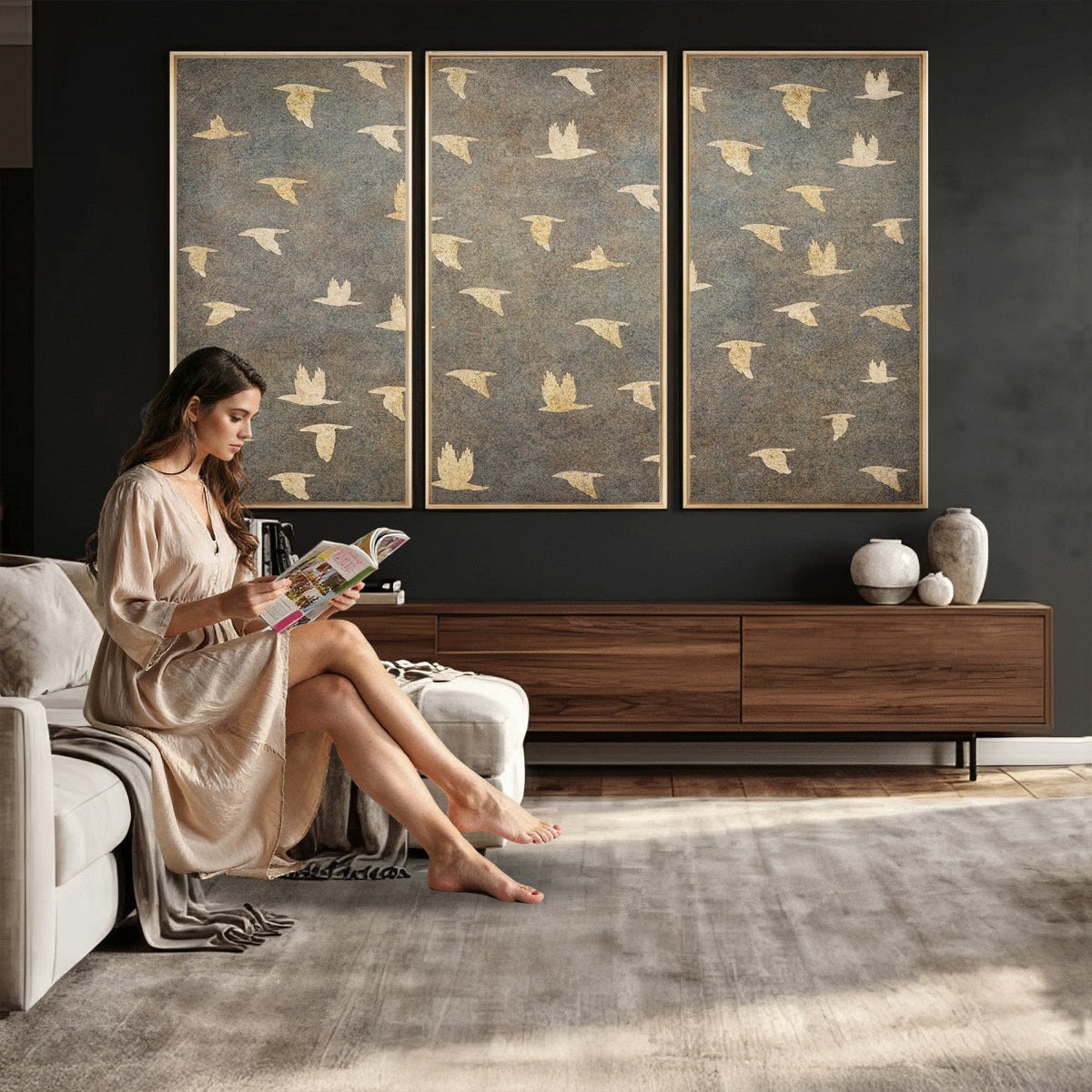 Flying Birds Canvas Wall Art, Vintage Bird Flock Pattern