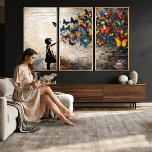 Banksy Graffiti Butterfly Girl Wall Art Canvas Print, Framed
