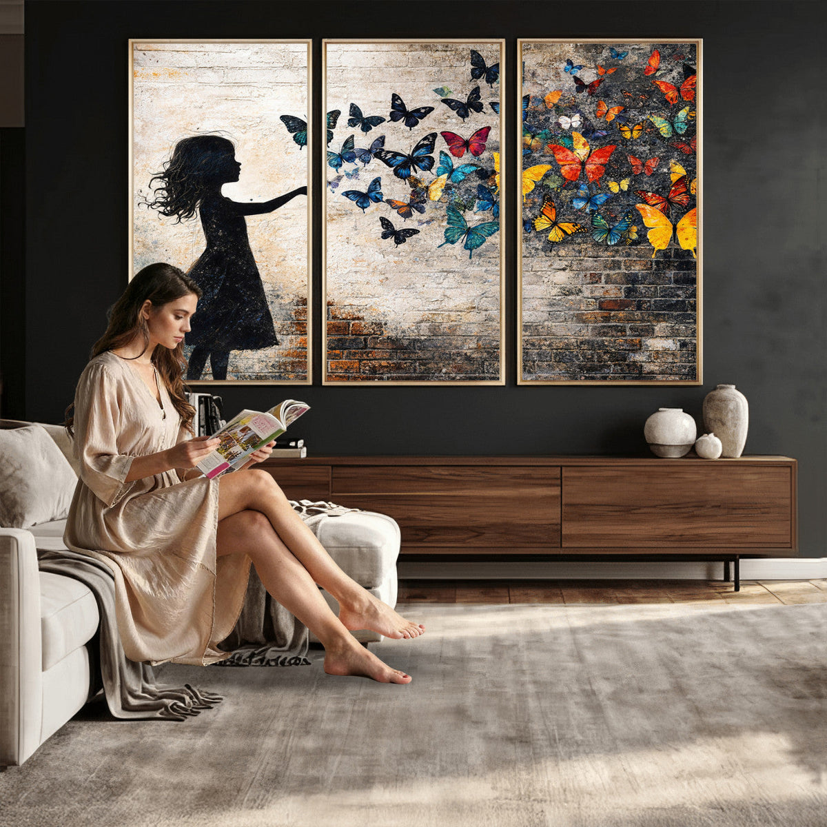Banksy Butterfly Girl Wall Art Canvas Print, Framed Street