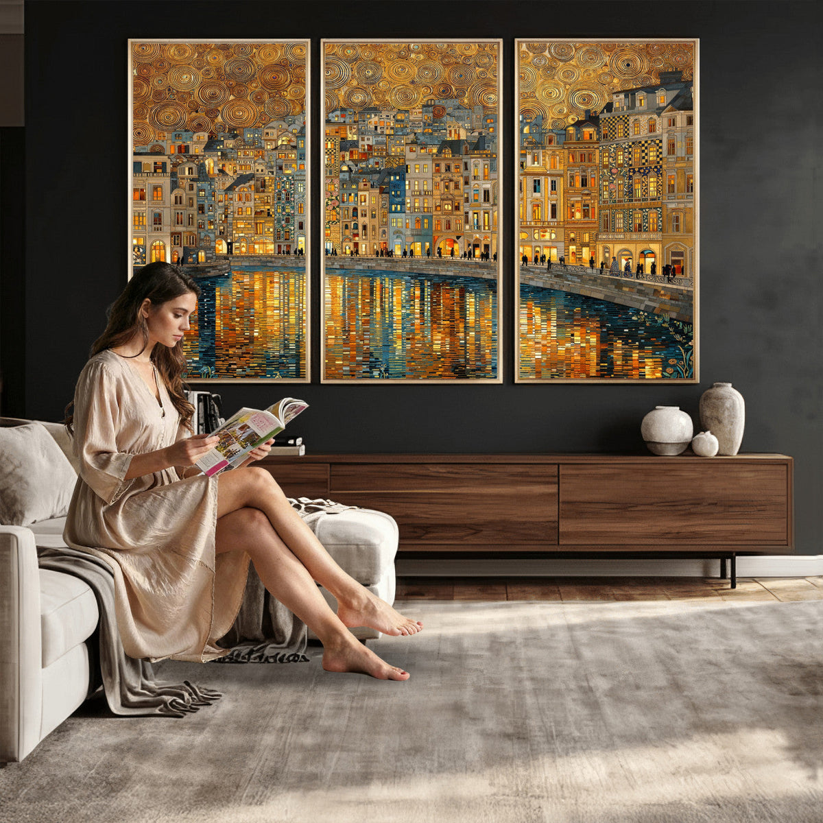 Gustav Klimt Golden Cityscape Wall Art Canvas Print, Framed