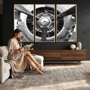 Vintage Propeller Plane Wall Art Canvas Print, Black and