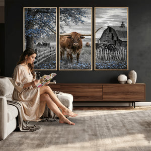Texas Longhorn Canvas Wall Art, Rustic Farm Barn Bluebonnet