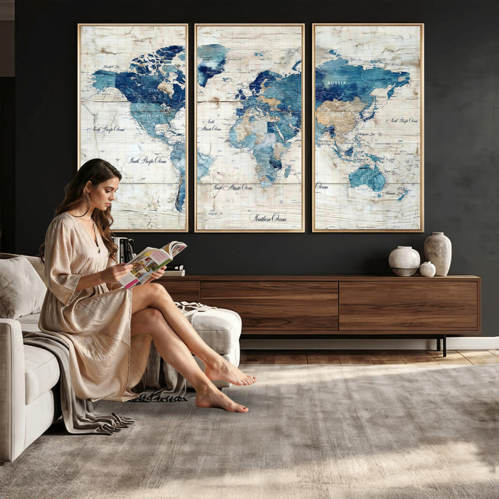 Watercolor World Map Canvas Wall Art Print – Abstract