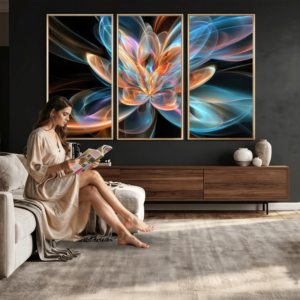 Fractal Lotus Canvas Wall Art, Blue Orange Glowing Flower Abstract Print, Modern Zen Meditation Room Decor, Ethereal Digital Art, Living Room