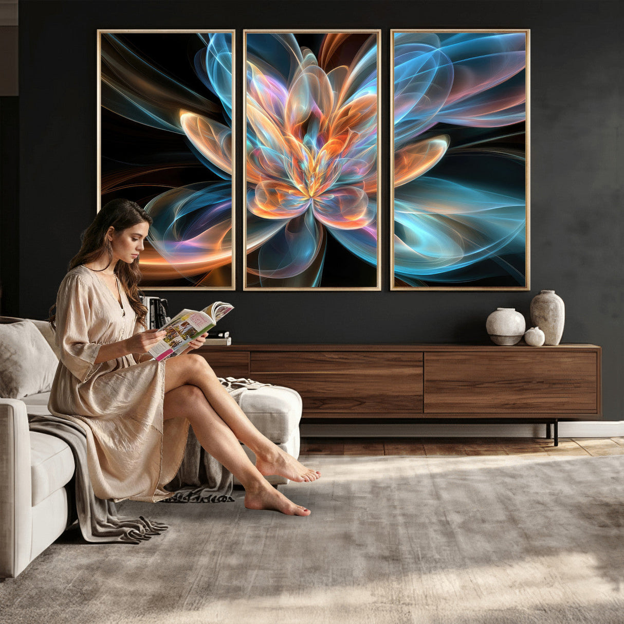 Fractal Lotus Canvas Wall Art, Blue Orange Glowing Flower Abstract Print, Modern Zen Meditation Room Decor, Ethereal Digital Art, Living Room