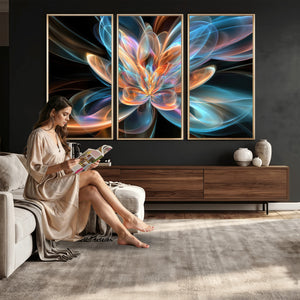 Fractal Lotus Canvas Wall Art, Blue Orange Glowing Flower Abstract Print, Modern Zen Meditation Room Decor, Ethereal Digital Art, Living Room