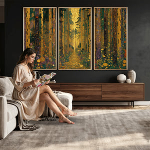 Gustav Klimt Style Forest Canvas Wall Art, Golden Forest Path Floral Art Nouveau Print, Enchanted Woodland Decor