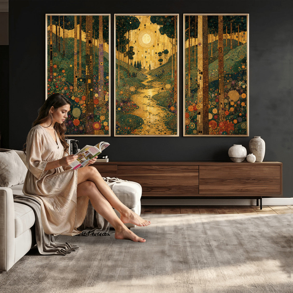 Gustav Klimt Style Forest Canvas Wall Art, Golden Forest Path Floral Art Nouveau Print, Enchanted Woodland Decor