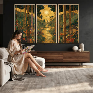 Gustav Klimt Style Forest Canvas Wall Art, Golden Forest Path Floral Art Nouveau Print, Enchanted Woodland Decor