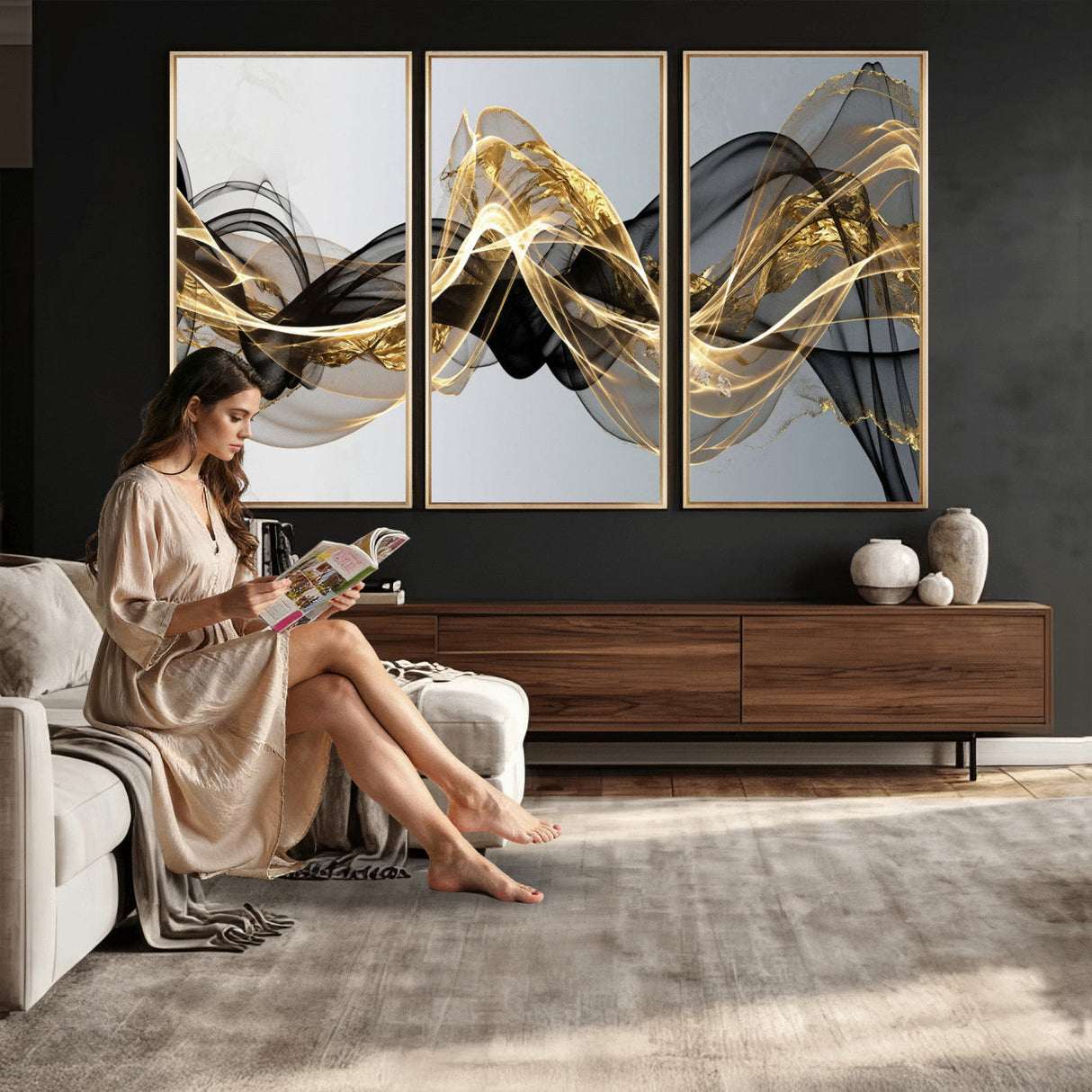 Black and Gold Abstract Wall Art, Modern Wave Canvas Print, Elegant Flowing Smoke Art, Luxury Living Room Decor