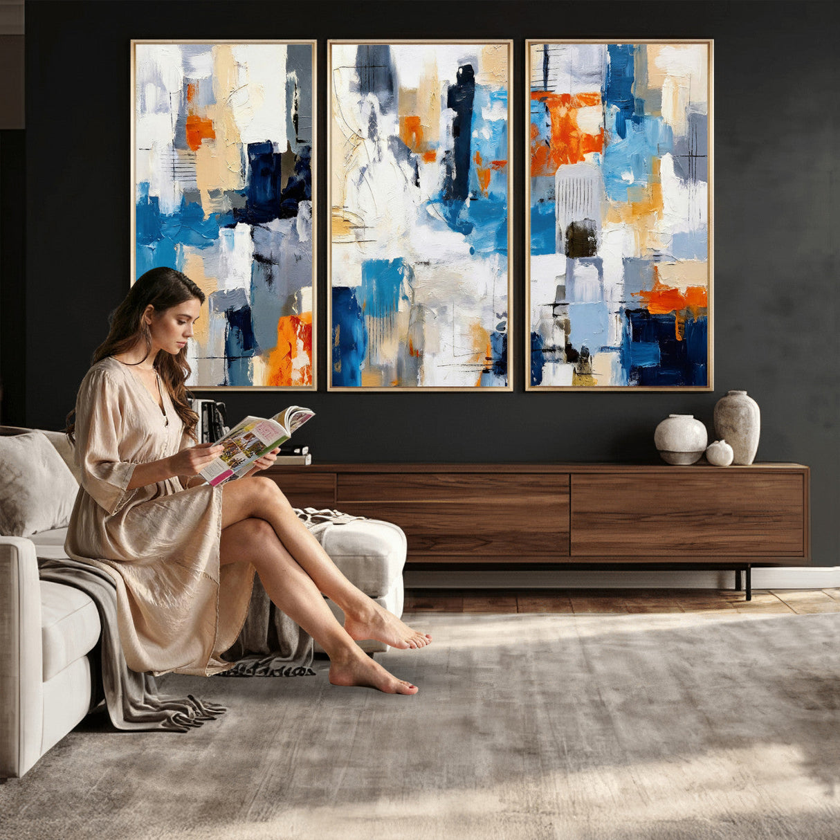 Blue Teal Abstract Canvas Wall Art, Modern Textured Painting Print, Navy Orange White Contemporary Art, Neutral Living Room Decor, Office Art
