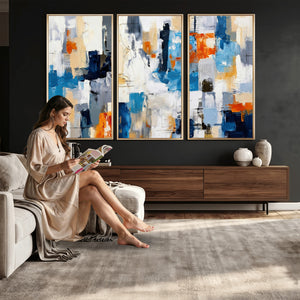 Blue Teal Abstract Canvas Wall Art, Modern Textured Painting Print, Navy Orange White Contemporary Art, Neutral Living Room Decor, Office Art
