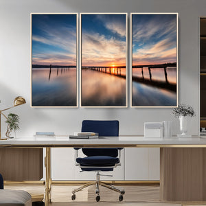 Wooden Pier on Seascape and Sunset Wall Art Canvas Print