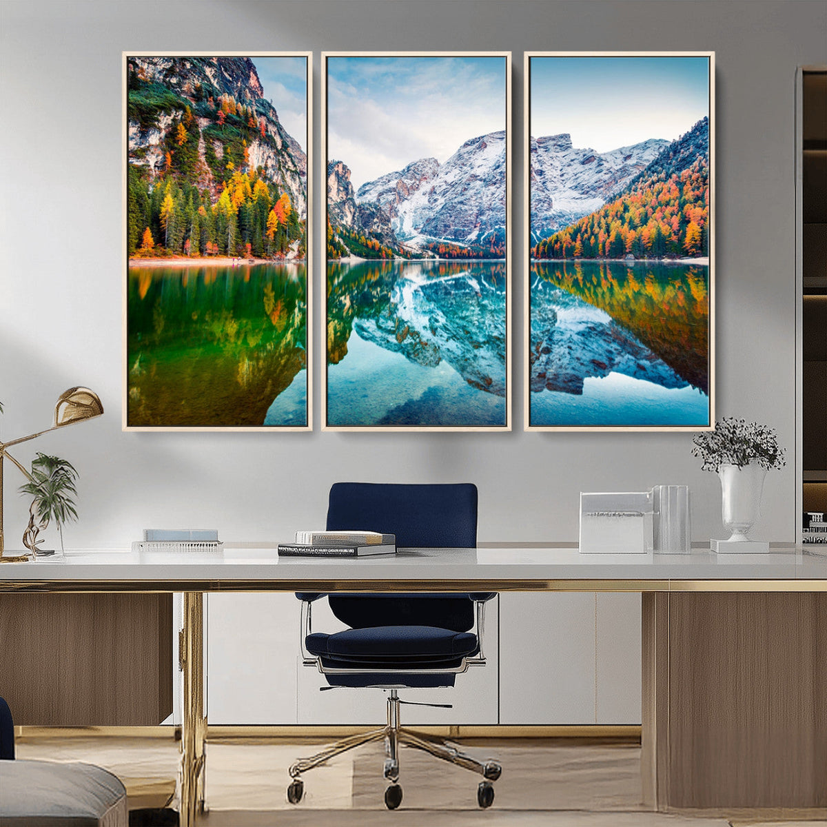 Spectacular autumn view of Braies Lake Wall Art Canvas Print