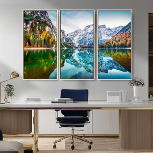 Spectacular autumn view of Braies Lake Wall Art Canvas Print