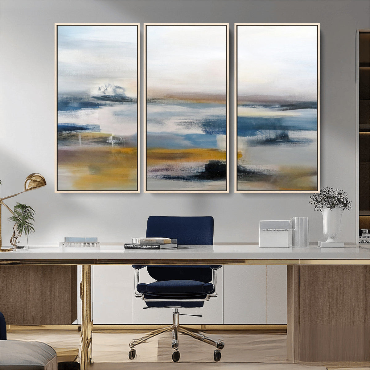 Abstract Landscape Wall Art Canvas | 3 Panel Modern Blue,