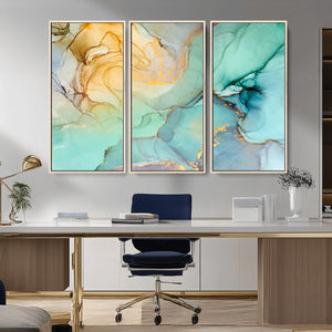 Abstract Aqua and Gold Fluid Wall Art Canvas | 3 Panel Large
