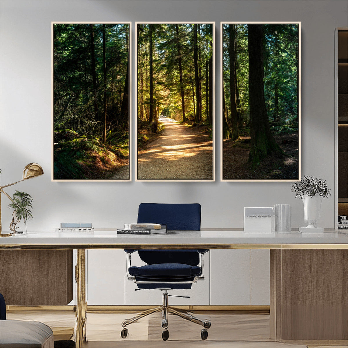 Sunlit Forest Pathway Canvas Print | 3 Panel Large Nature