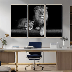 Large Black and White Lion Couple Wall Art Canvas Print –